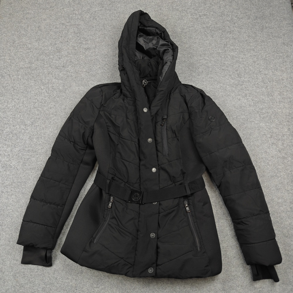 Michael Kors Jacket Womens Medium Black Puffer Hooded Belted Quilted Mid-Length